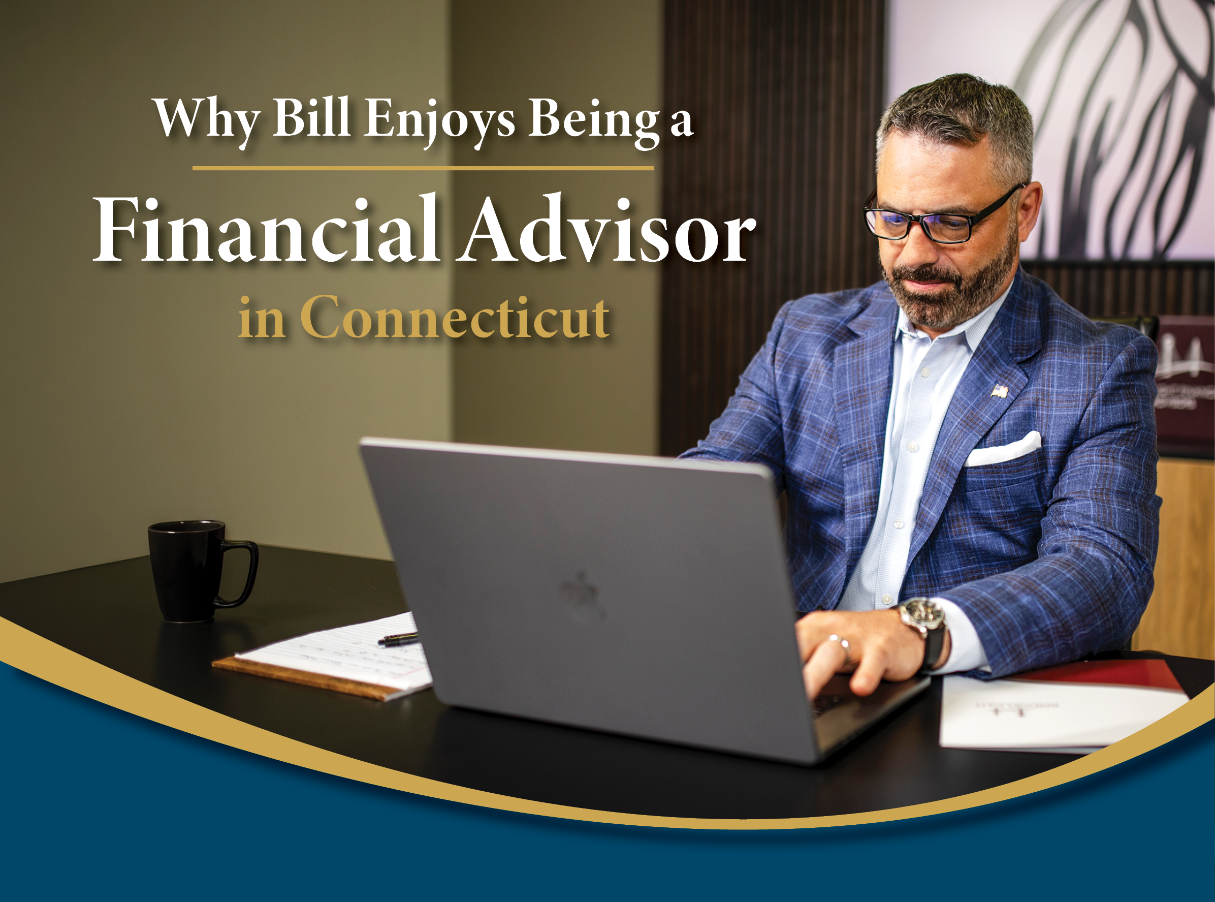 Bill Leavitt, founder of Bridgelight Financial Advisors, working at his laptop in his Connecticut office